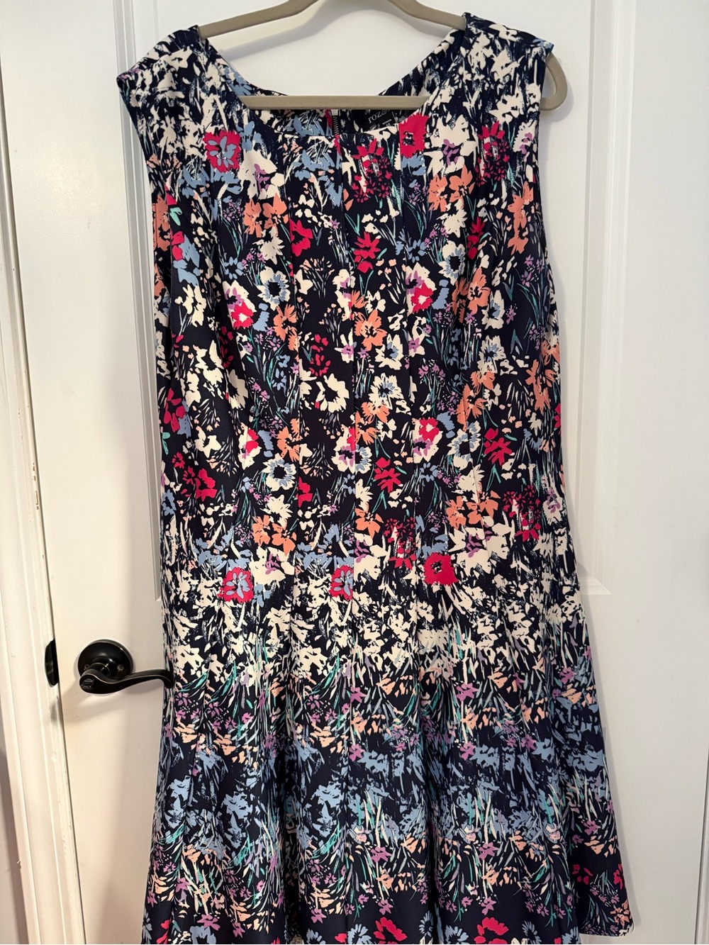 Roz & Ali Navy Floral A-Line Dress with Pink, Coral and Light Blue Flowers